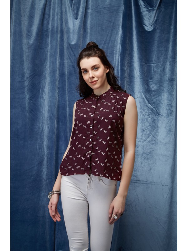 Maroon Bow Print Sleeveless Shirt